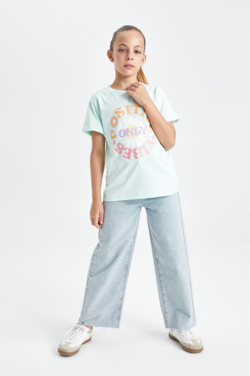 Kız Çocuk - Genç Kız Turkuaz Kız Çocuk Bisiklet Yaka Baskılı Kısa Kollu Tişört