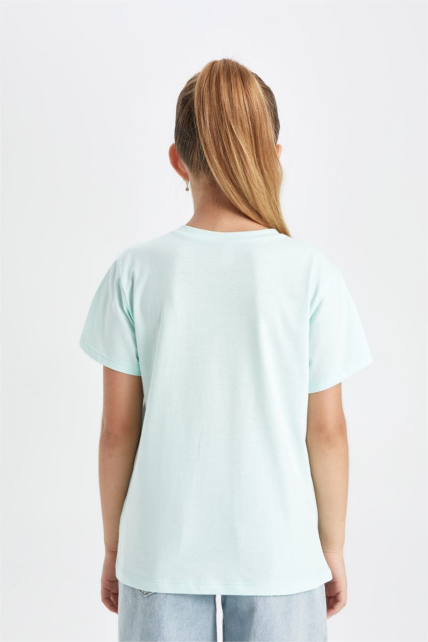 Kız Çocuk - Genç Kız Turkuaz Kız Çocuk Bisiklet Yaka Baskılı Kısa Kollu Tişört