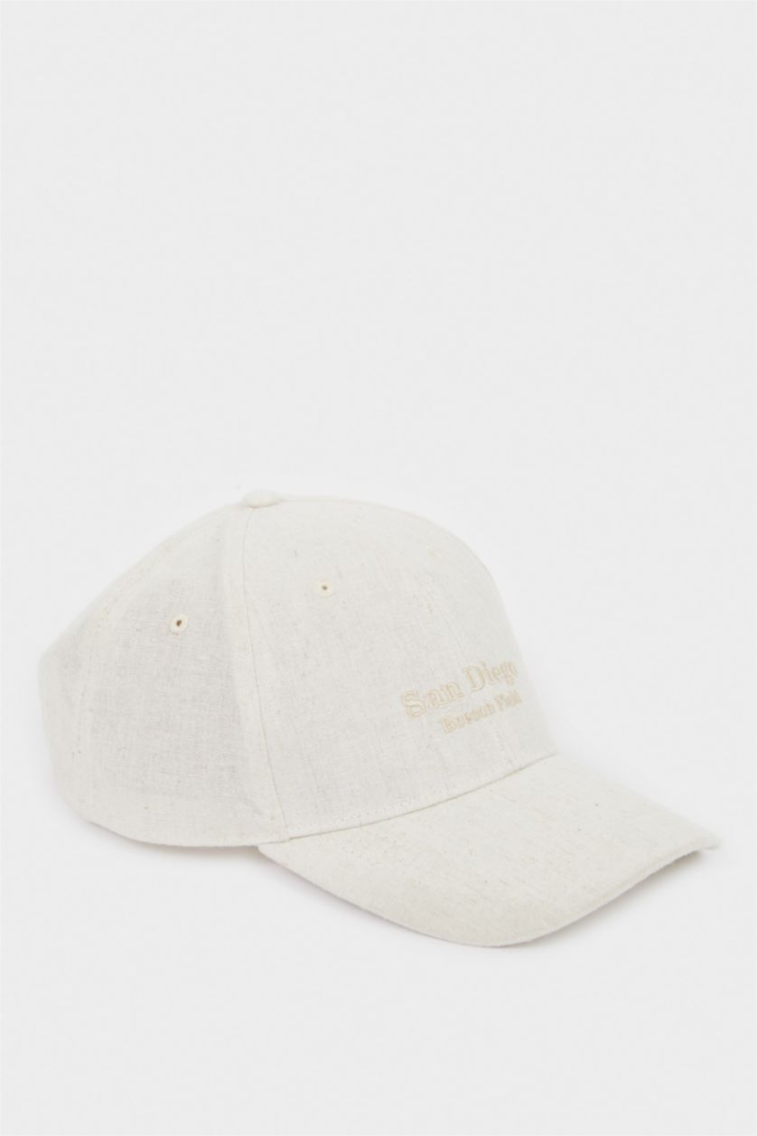 Man Beige Man Linen Blended Embroidered Hat