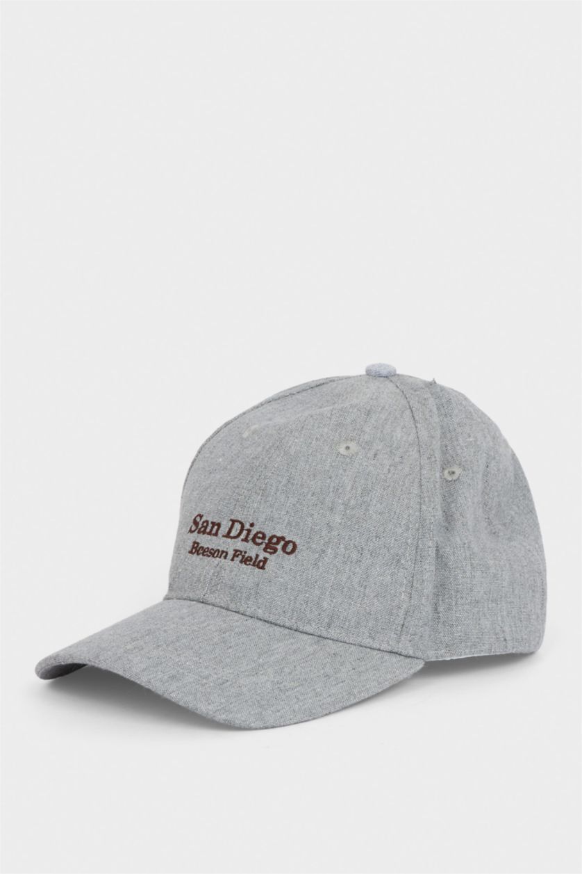 Erkek Gri Erkek Nakışlı Keten Karışımlı Cap Şapka