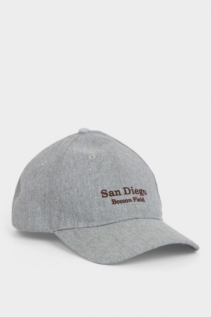 Erkek Gri Erkek Nakışlı Keten Karışımlı Cap Şapka