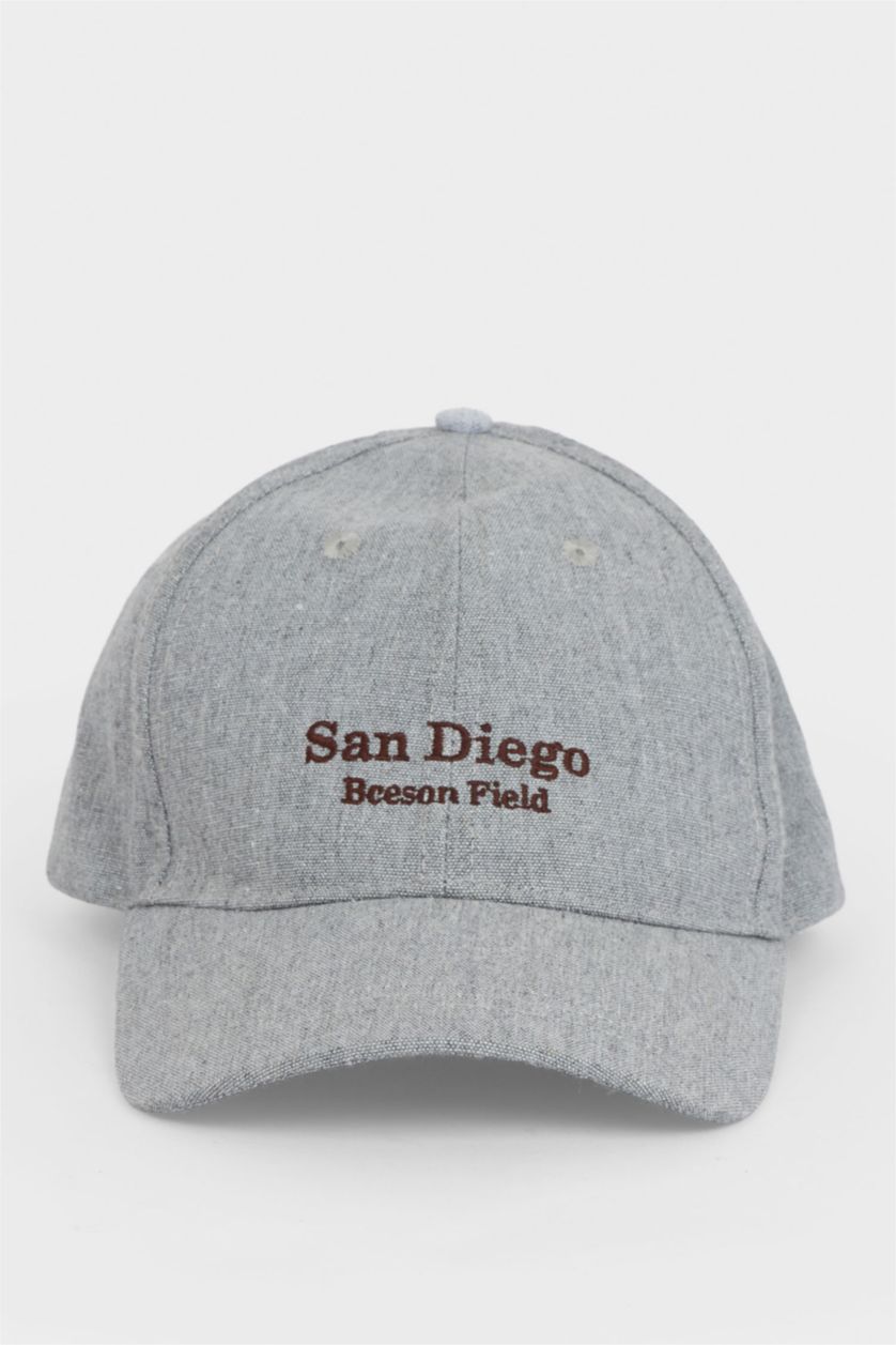 Erkek Gri Erkek Nakışlı Keten Karışımlı Cap Şapka