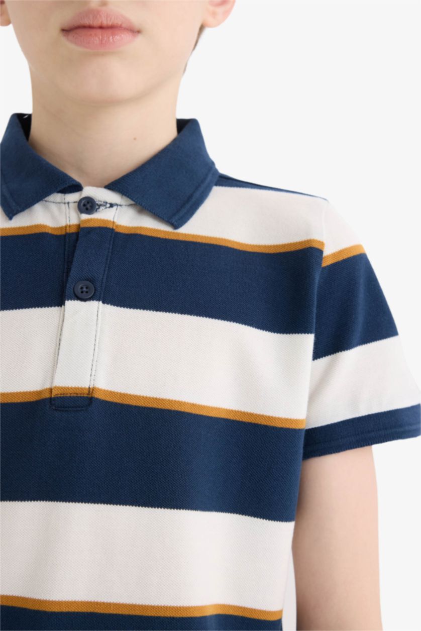Erkek Çocuk - Genç Erkek Lacivert Polo Yaka Çizgili Pike Kısa Kollu Tişört Erkek Çocuk