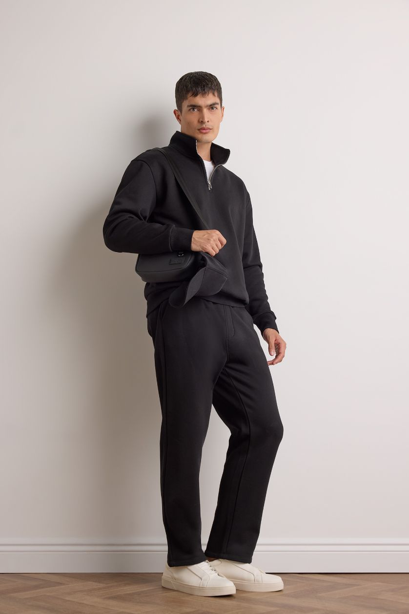 Man Black Regular Fit Drawstring Waistband Pocketed Thick Sweatpants