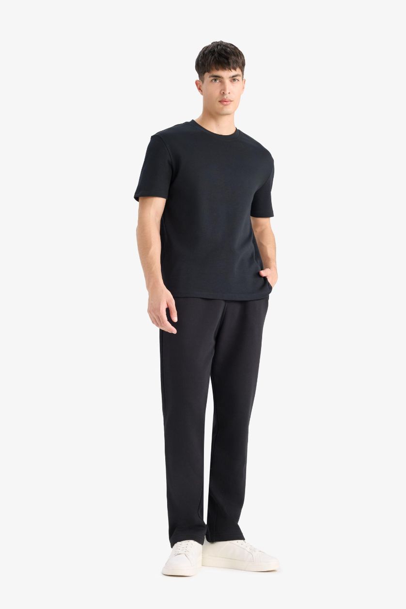 Man Black Regular Fit Drawstring Waistband Pocketed Thick Sweatpants