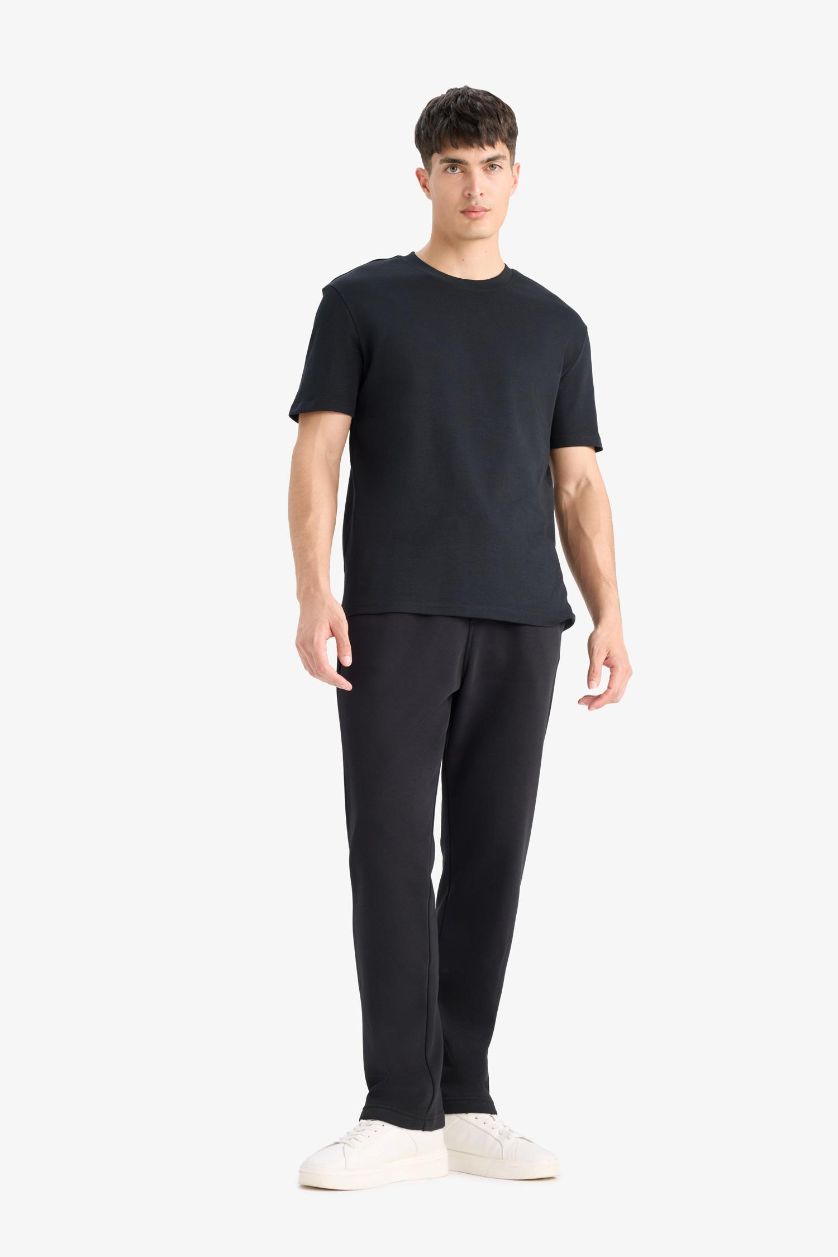 Man Black Regular Fit Drawstring Waistband Pocketed Thick Sweatpants