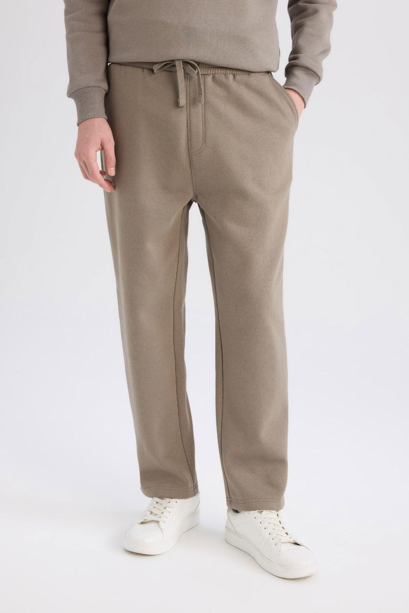 Erkek Haki Regular Fit Eşofman Altı İçi Polarlı Basic Düz Cepli Beli Bağcıklı Düz Paça
