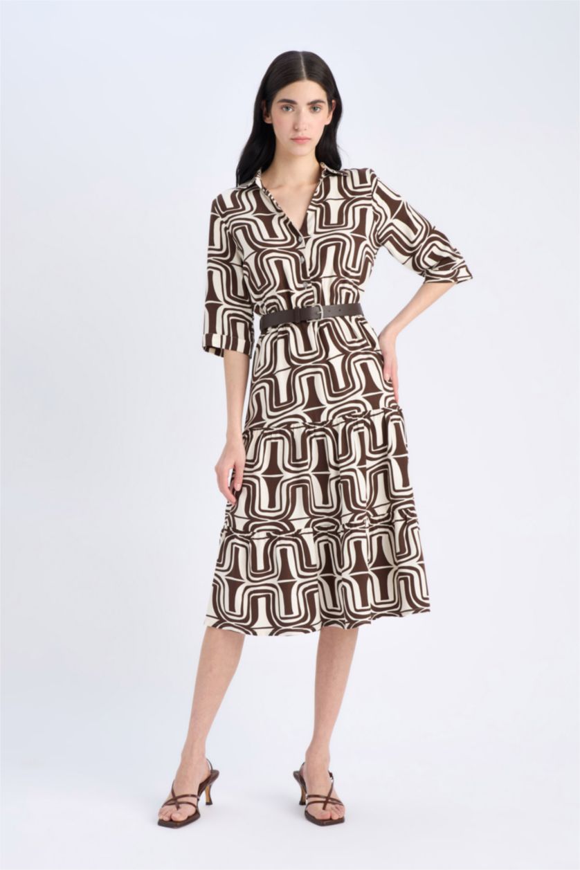Woman Brown Shirt Collar Printed Midi Dress
