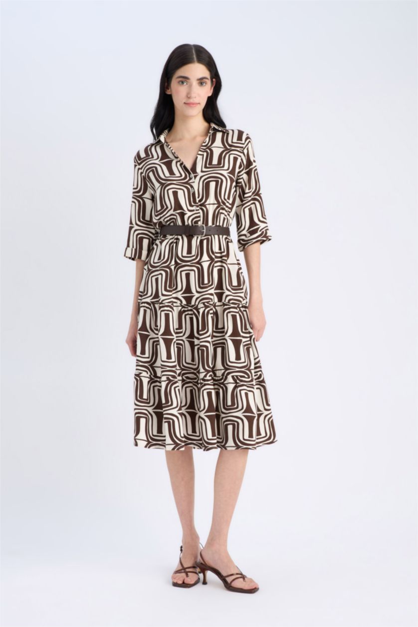 Woman Brown Shirt Collar Printed Midi Dress