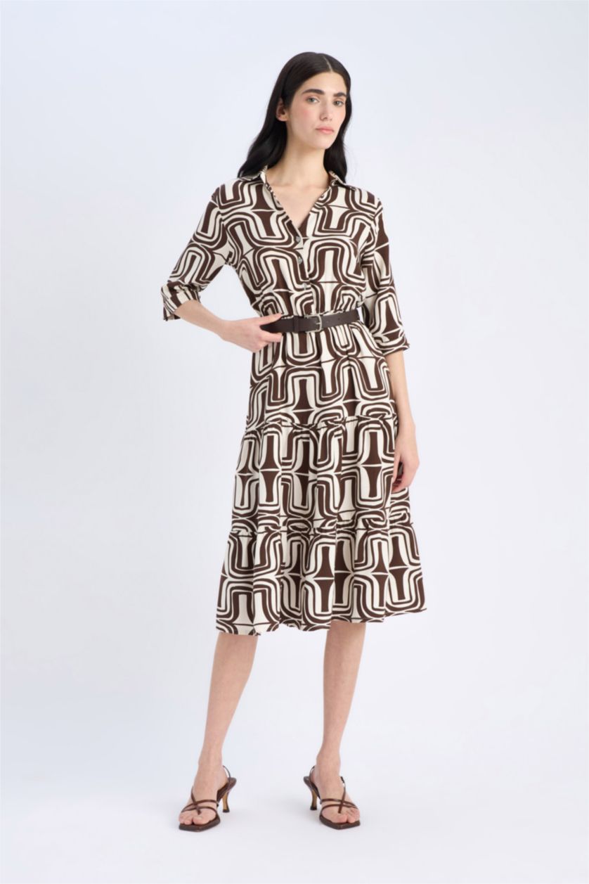Woman Brown Shirt Collar Printed Midi Dress