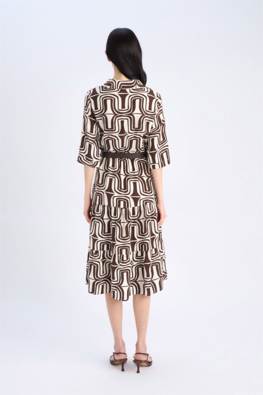 Woman Brown Shirt Collar Printed Midi Dress