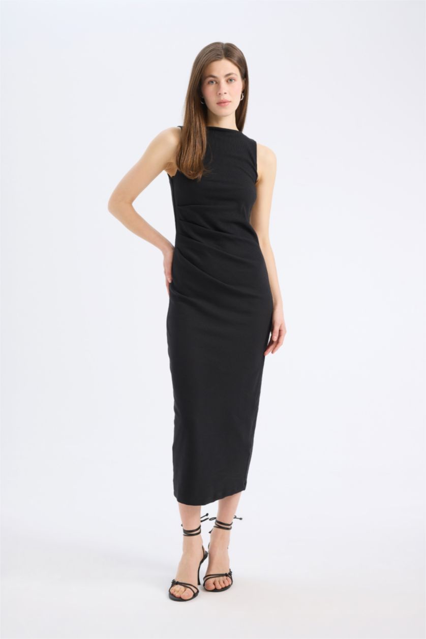 Әйелдерге қара тығыз көйлек дөңгелек жаға жеңсіз Қысқа жеңді трикотаж көйлек