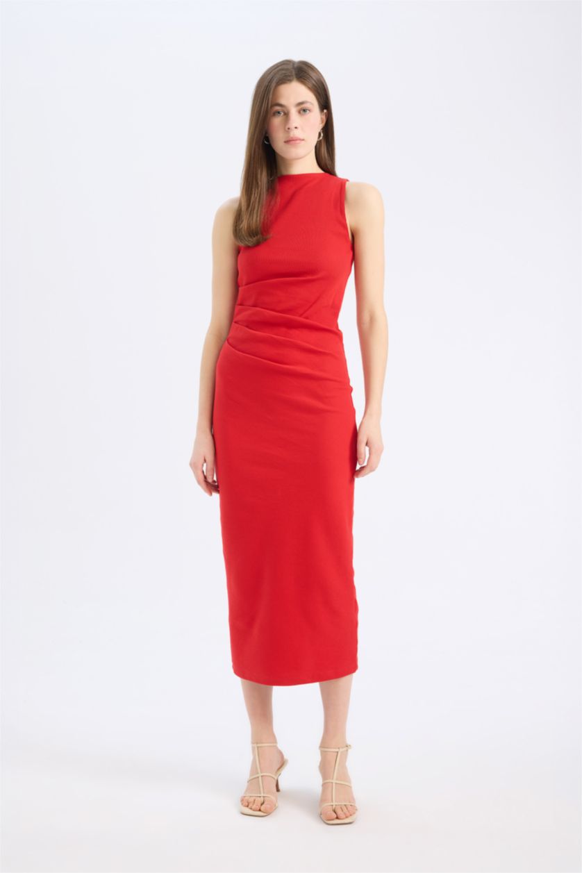 نساء أحمر فستان ميدي مضلع بديكون بياقة مدورة بدون كم