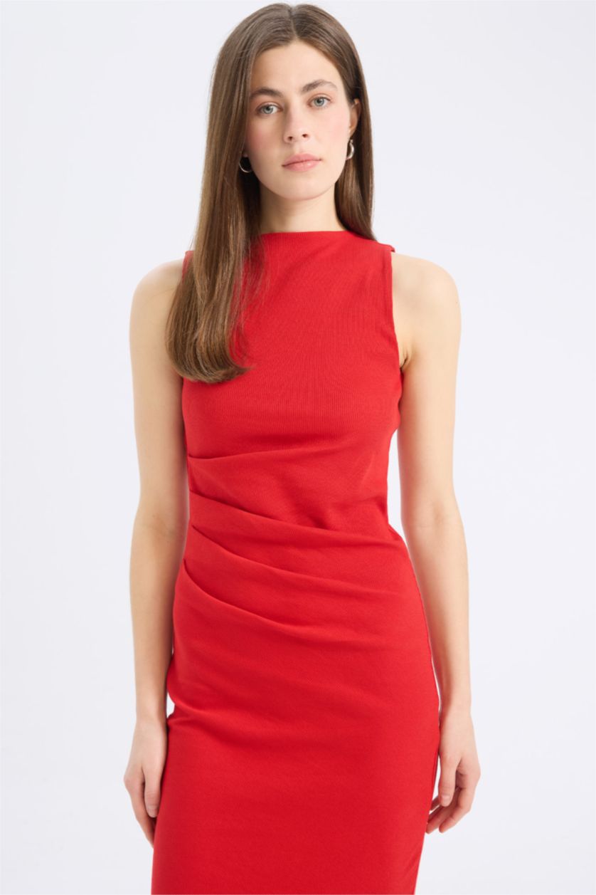 نساء أحمر فستان ميدي مضلع بديكون بياقة مدورة بدون كم