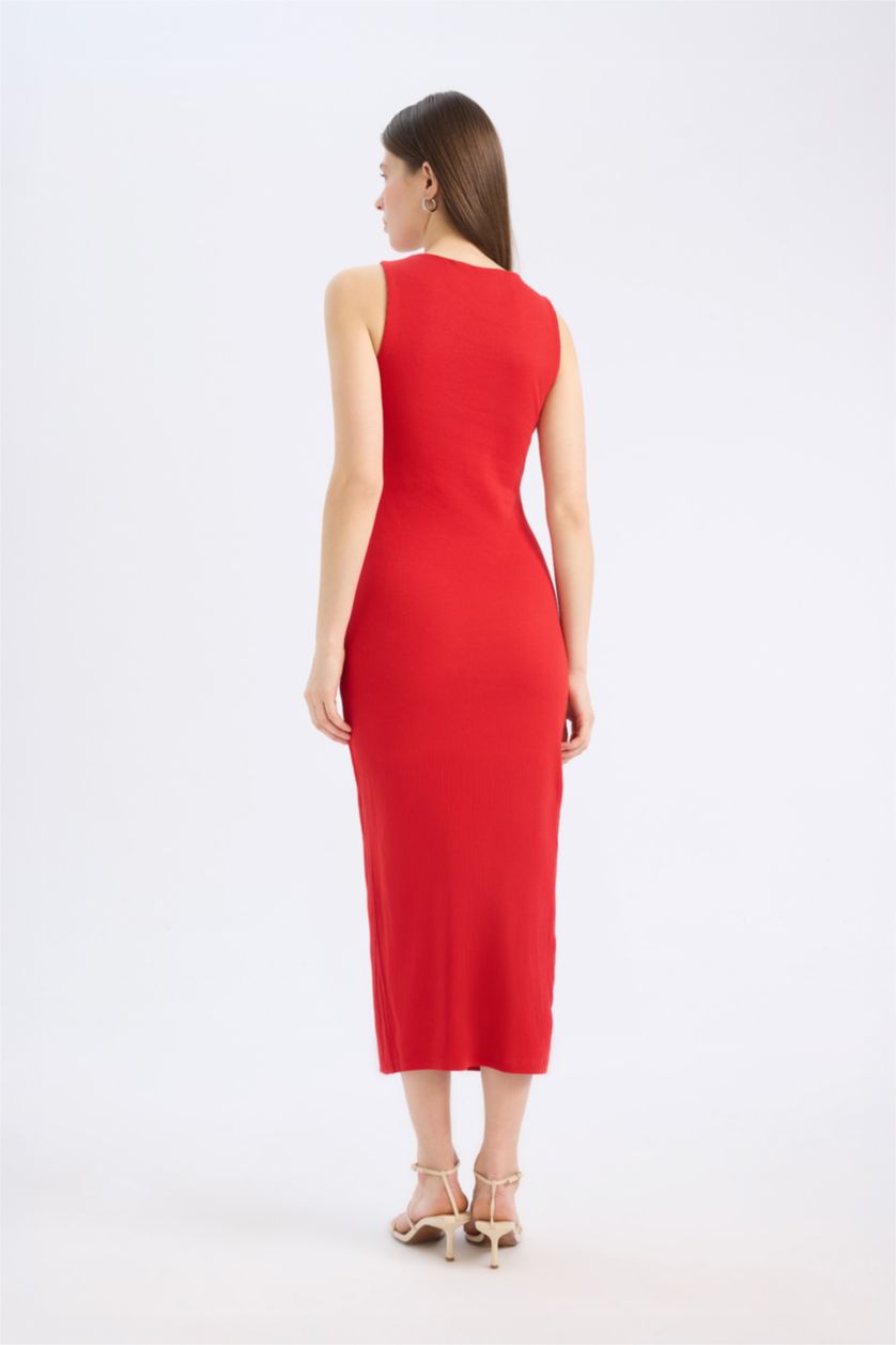 نساء أحمر فستان ميدي مضلع بديكون بياقة مدورة بدون كم