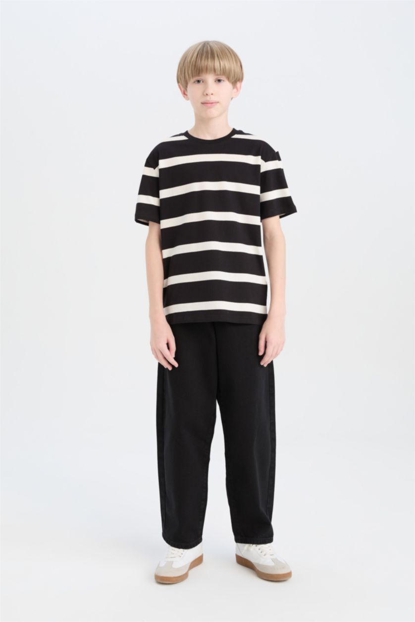 Erkek Çocuk - Genç Erkek Siyah Bisiklet Yaka Çizgili Kısa Kollu Tişört Erkek Çocuk