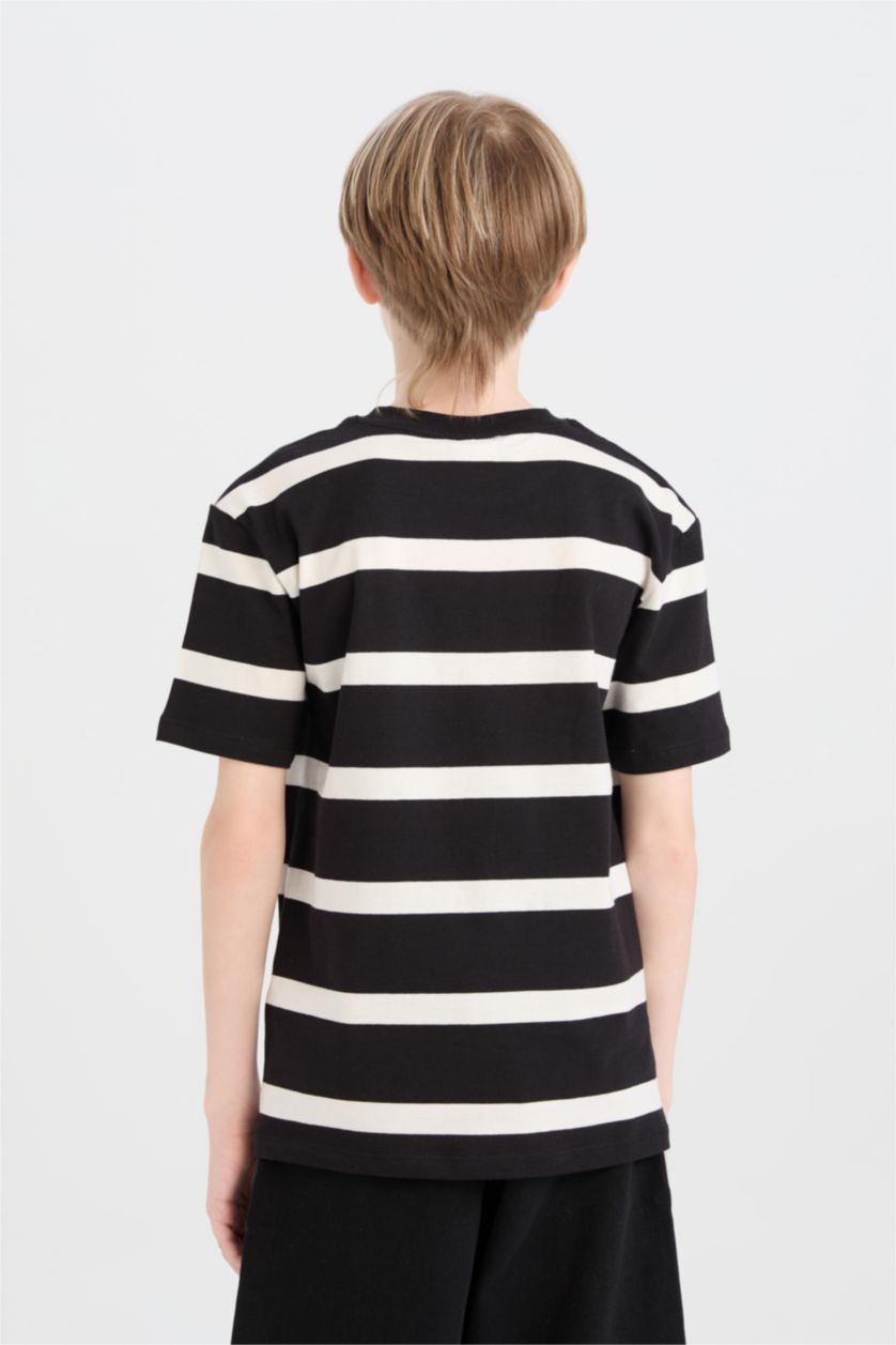 Erkek Çocuk - Genç Erkek Siyah Bisiklet Yaka Çizgili Kısa Kollu Tişört Erkek Çocuk