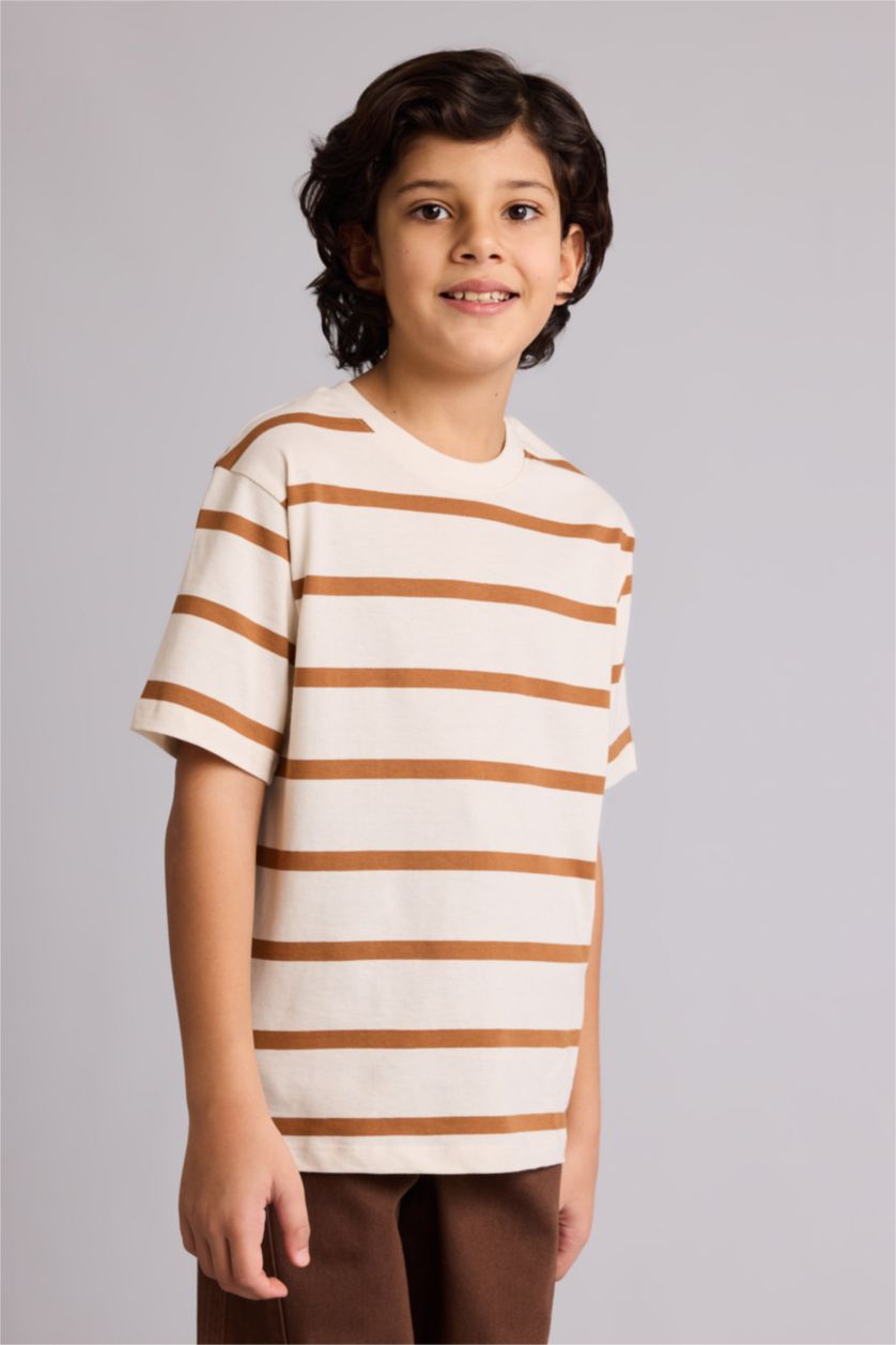 Boys & Teens Camel Regular Fit Striped Short Sleeve T-Shirt