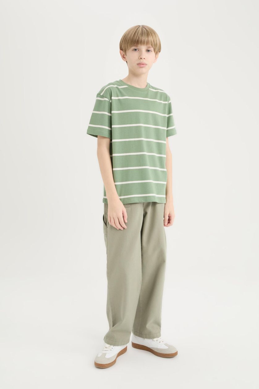 Erkek Çocuk - Genç Erkek Açık Yeşil Bisiklet Yaka Çizgili Kısa Kollu Tişört Erkek Çocuk