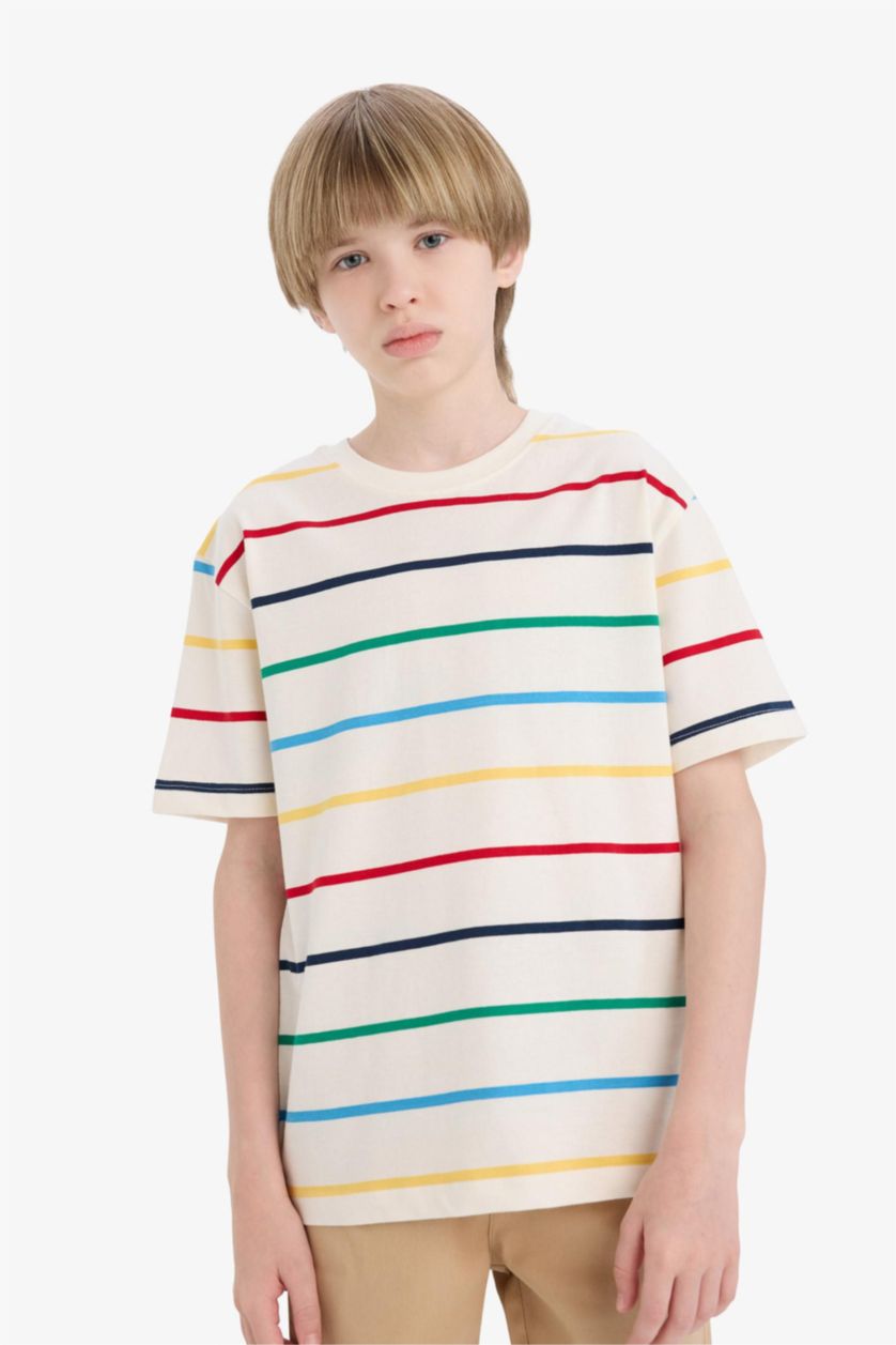 Erkek Çocuk - Genç Erkek Ekru Bisiklet Yaka Çizgili Kısa Kollu Tişört Erkek Çocuk