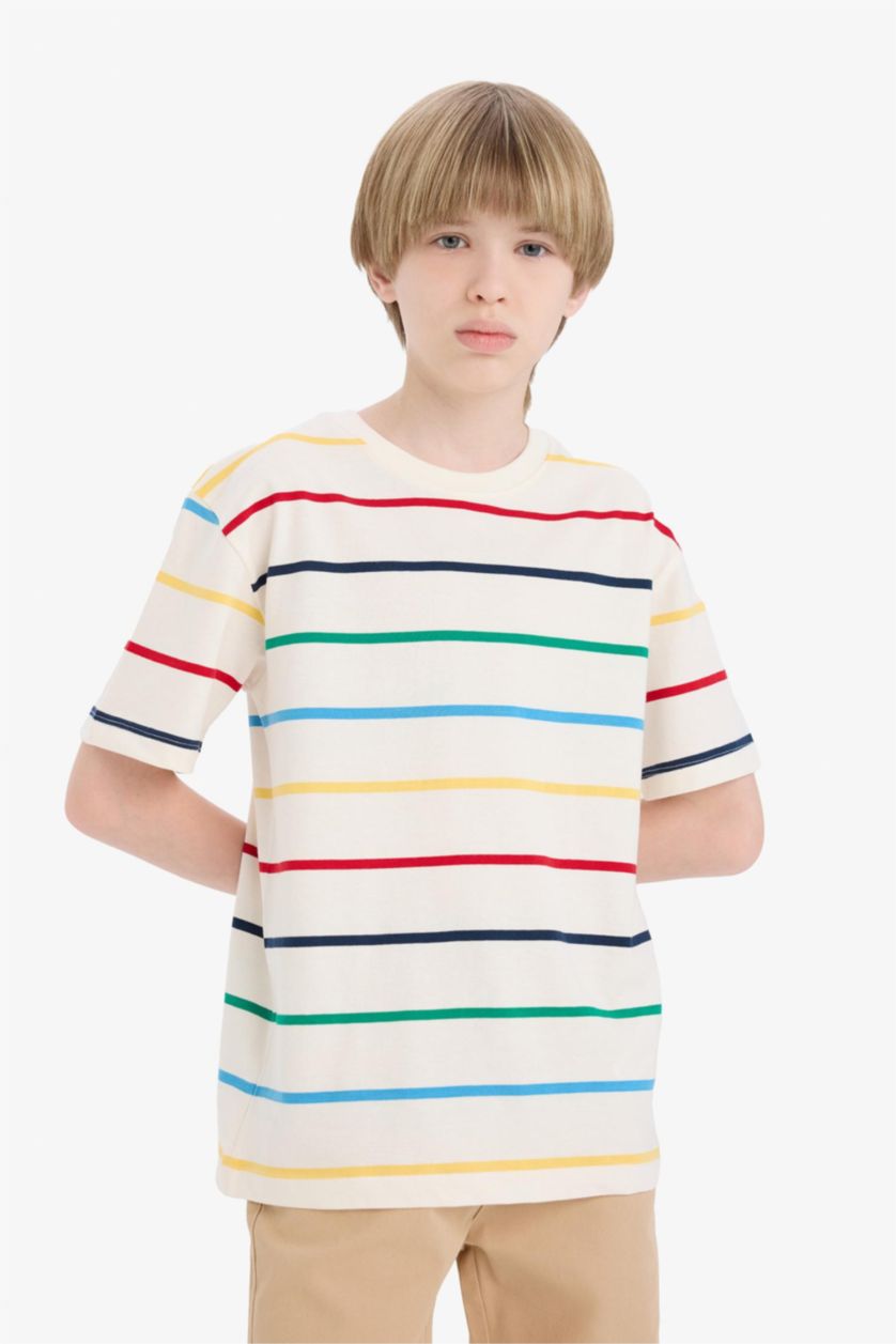 Erkek Çocuk - Genç Erkek Ekru Bisiklet Yaka Çizgili Kısa Kollu Tişört Erkek Çocuk