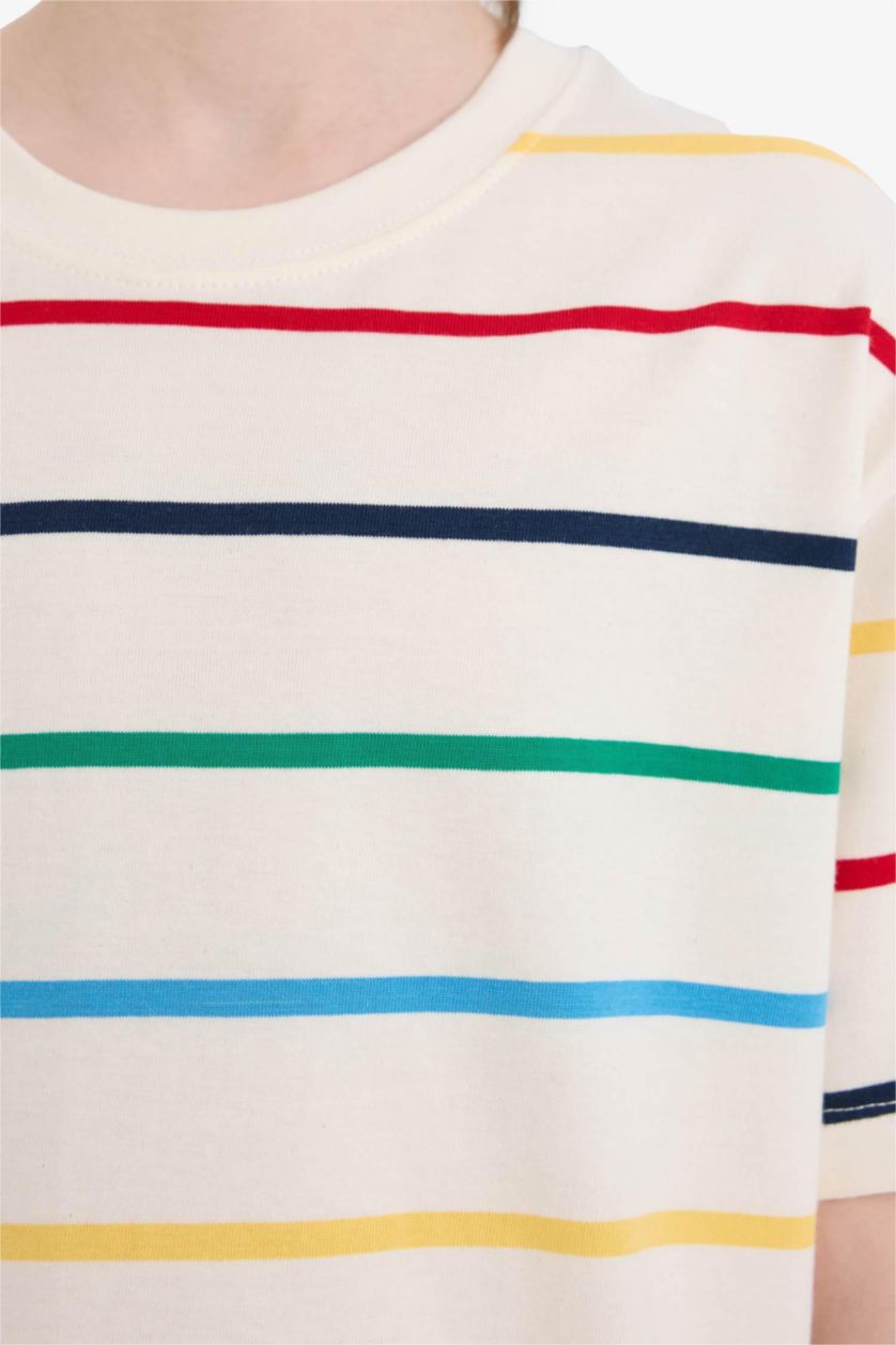 Erkek Çocuk - Genç Erkek Ekru Bisiklet Yaka Çizgili Kısa Kollu Tişört Erkek Çocuk