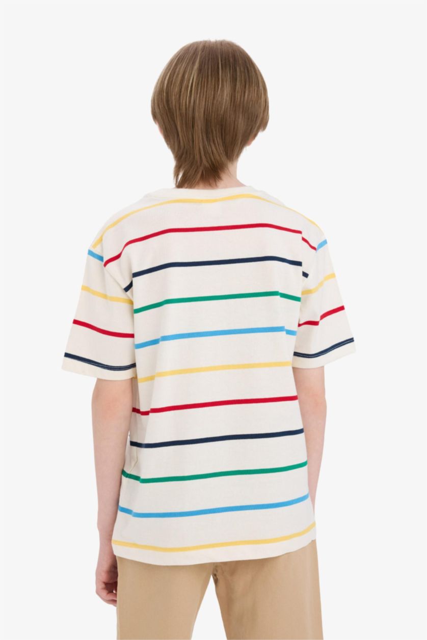 Erkek Çocuk - Genç Erkek Ekru Bisiklet Yaka Çizgili Kısa Kollu Tişört Erkek Çocuk