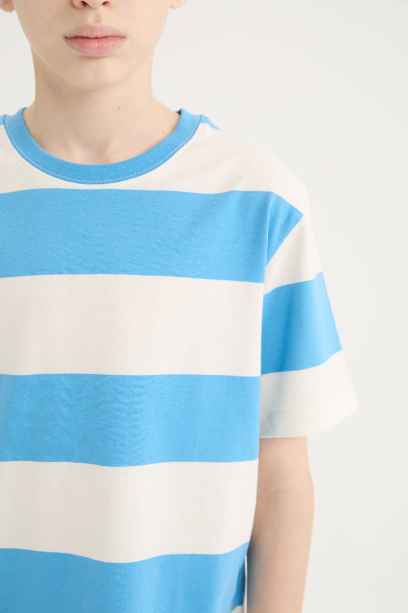 Erkek Çocuk - Genç Erkek Mavi Bisiklet Yaka Çizgili Kısa Kollu Tişört Erkek Çocuk