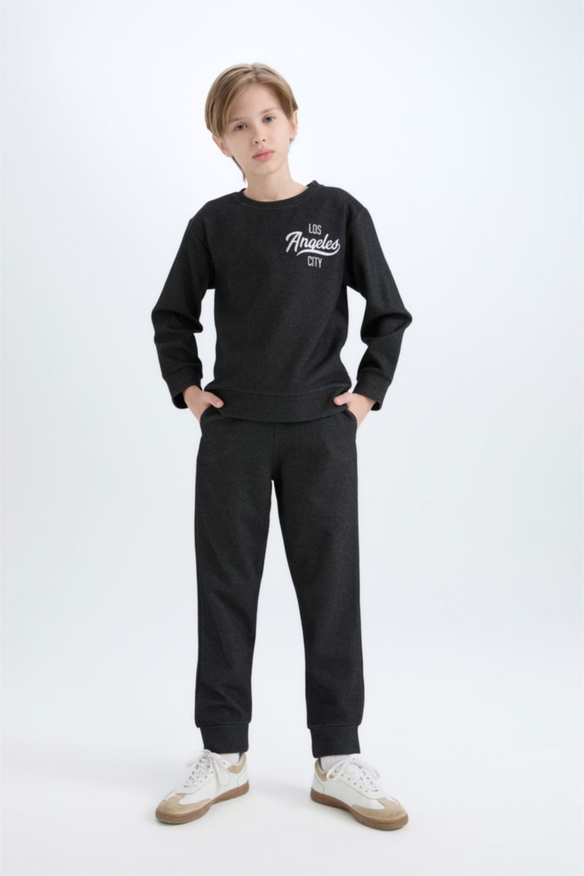 Erkek Çocuk - Genç Erkek Siyah 2'li Takım Baskılı Sweatshirt Eşofman Altı Erkek Çocuk