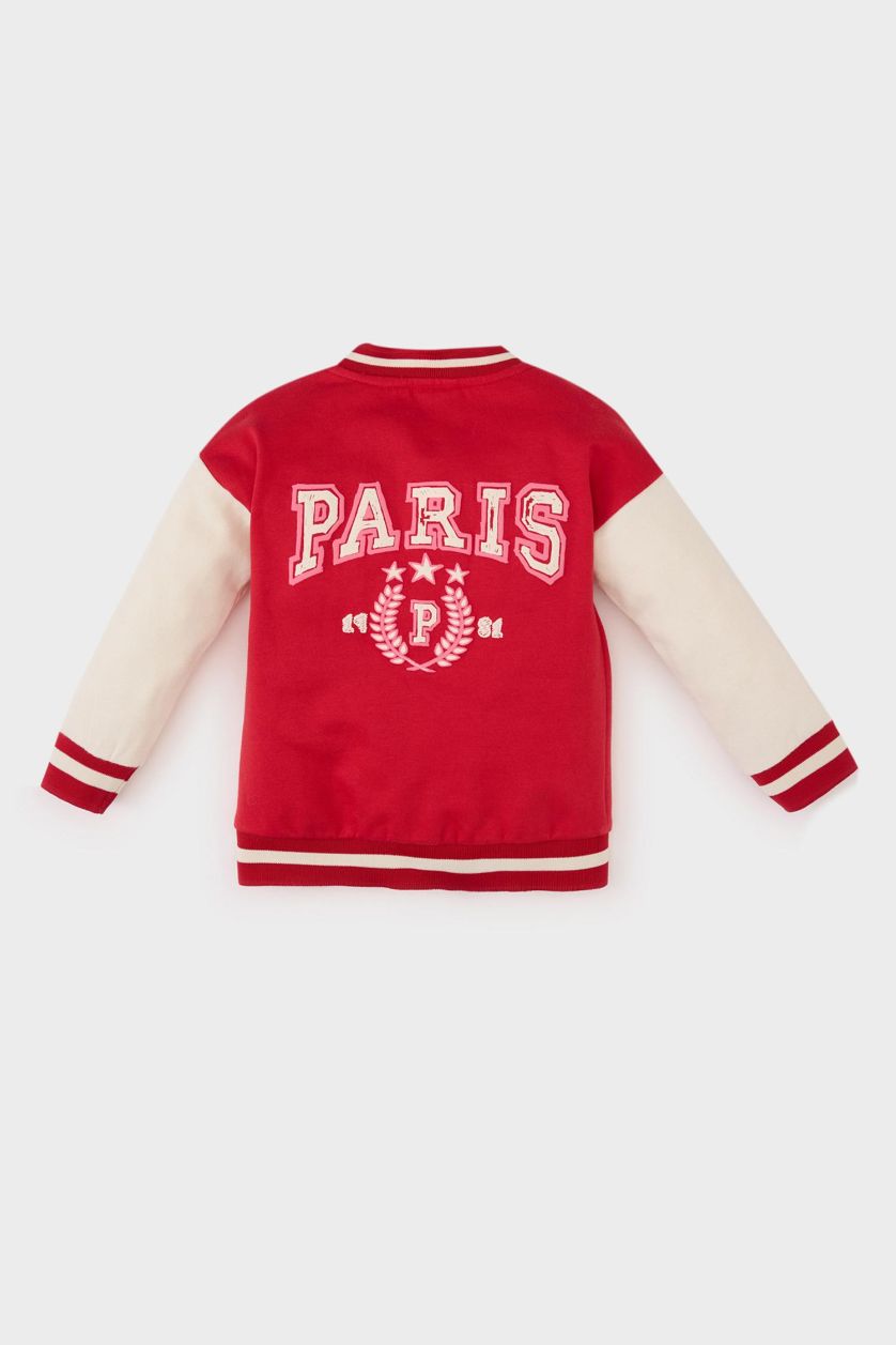 طفلة صغيرة أحمر جاكيت بومبر بناتي بطبعة شعار قصة عادية ببطانة ناعمة وياقة كوليج