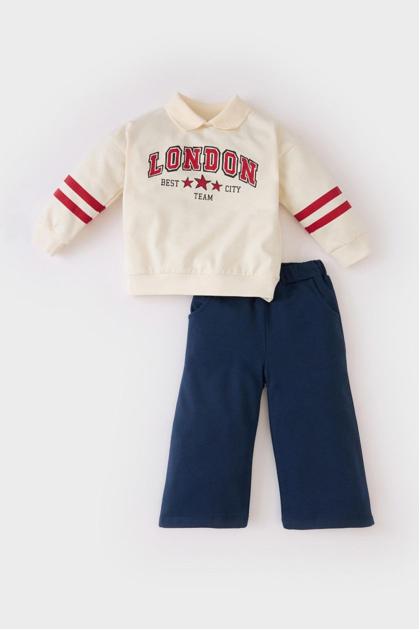 BABY GIRL Ecru Baby Girl Printed Sweatshirt Wide Leg Sweatpants 2 Piece Set