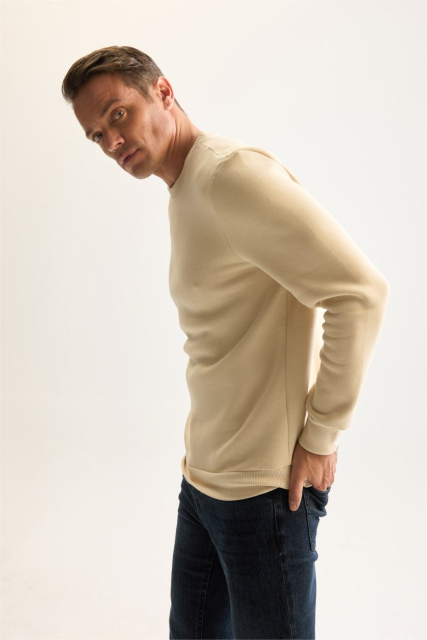 Erkek Bej Regular Fıt Kalın Sweatshirt Kumaşı Sweatshirt