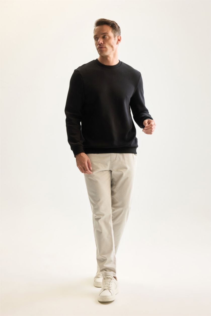 Erkek Siyah Siyah 3 İplik Pamuklu Şardonlu İçi Polarlı Regular Fit Bisiklet Yaka Kalın Sweatshirt