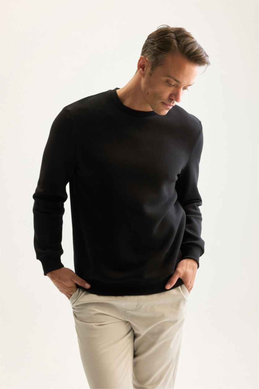 Erkek Siyah Siyah 3 İplik Pamuklu Şardonlu İçi Polarlı Regular Fit Bisiklet Yaka Kalın Sweatshirt