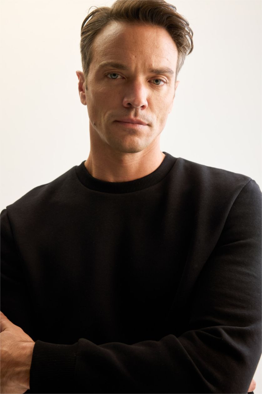 Erkek Siyah Siyah 3 İplik Pamuklu Şardonlu İçi Polarlı Regular Fit Bisiklet Yaka Kalın Sweatshirt