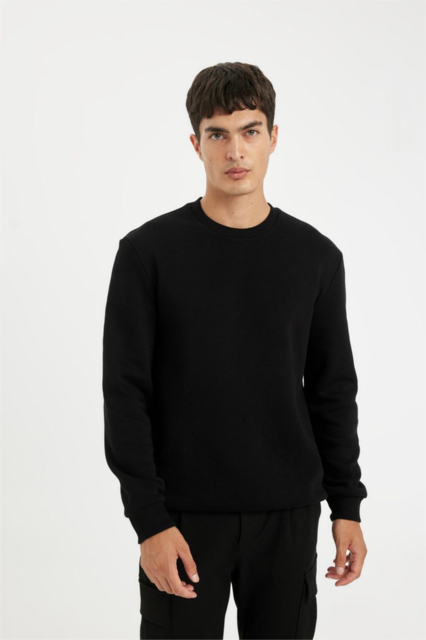 Erkek Siyah Siyah 3 İplik Pamuklu Şardonlu İçi Polarlı Regular Fit Bisiklet Yaka Kalın Sweatshirt