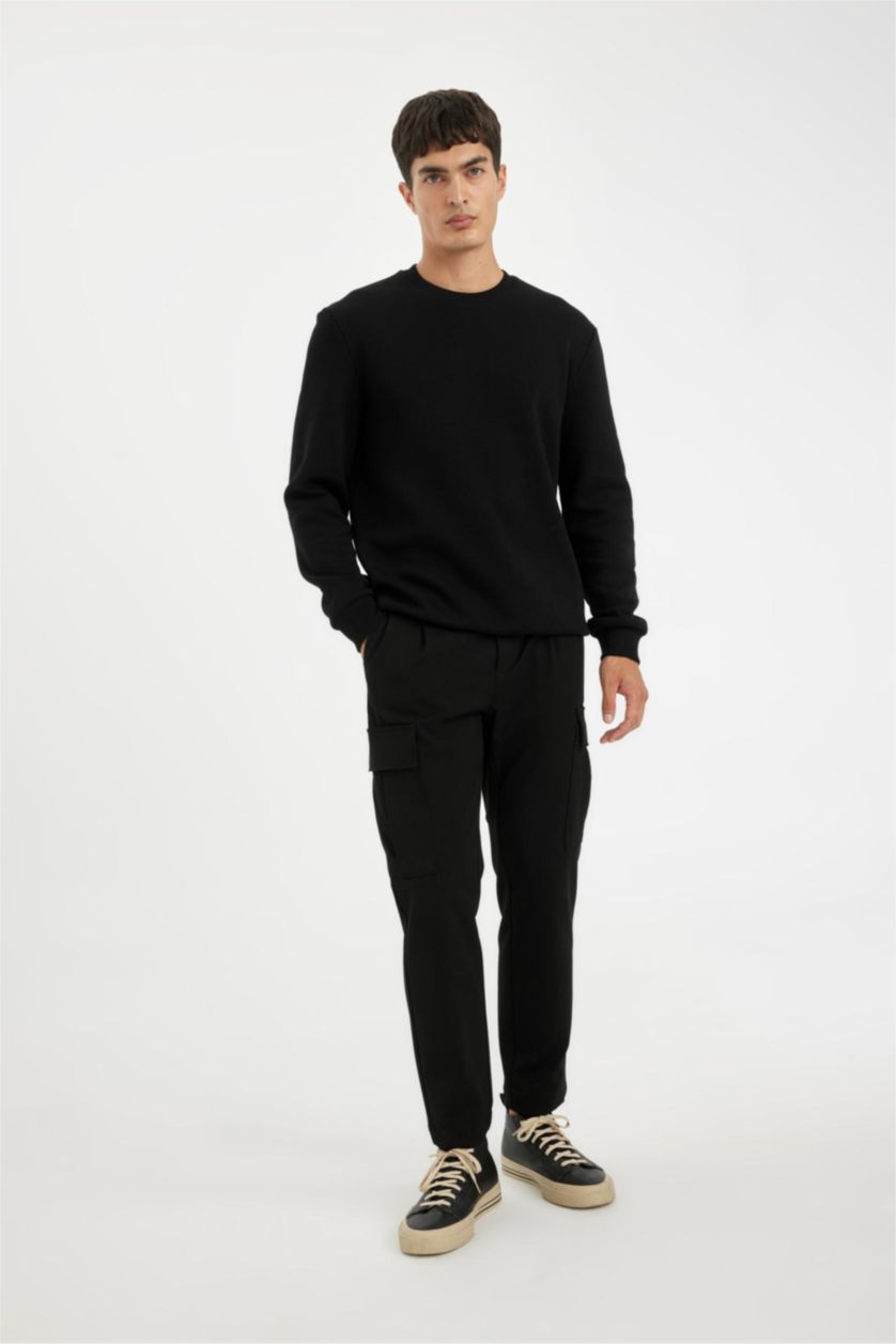 Erkek Siyah Siyah 3 İplik Pamuklu Şardonlu İçi Polarlı Regular Fit Bisiklet Yaka Kalın Sweatshirt