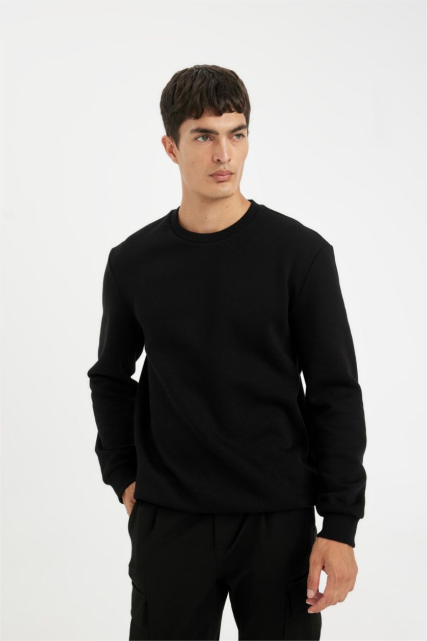 Erkek Siyah Siyah 3 İplik Pamuklu Şardonlu İçi Polarlı Regular Fit Bisiklet Yaka Kalın Sweatshirt