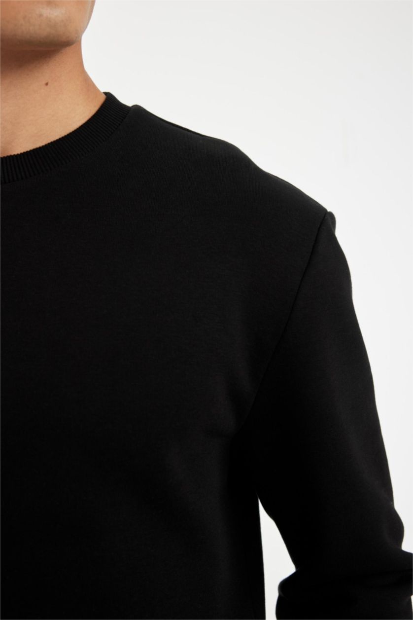 Erkek Siyah Siyah 3 İplik Pamuklu Şardonlu İçi Polarlı Regular Fit Bisiklet Yaka Kalın Sweatshirt