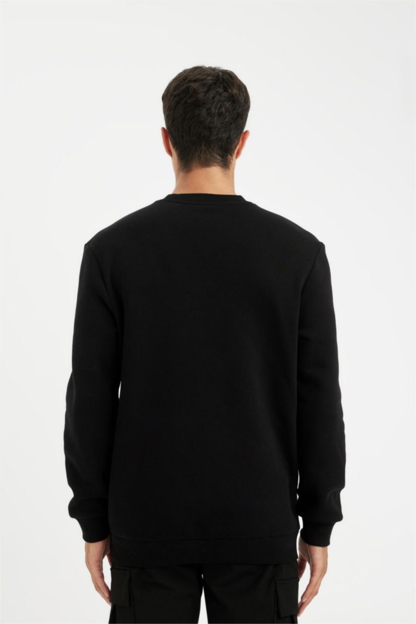 Erkek Siyah Siyah 3 İplik Pamuklu Şardonlu İçi Polarlı Regular Fit Bisiklet Yaka Kalın Sweatshirt