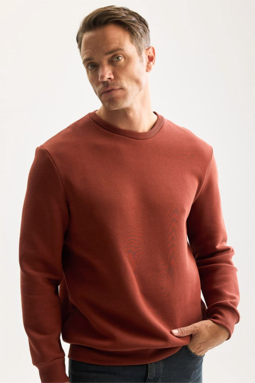 Erkek Kahve 3 İplik Pamuklu Şardonlu İçi Polarlı Regular Fit Bisiklet Yaka Kalın Sweatshirt