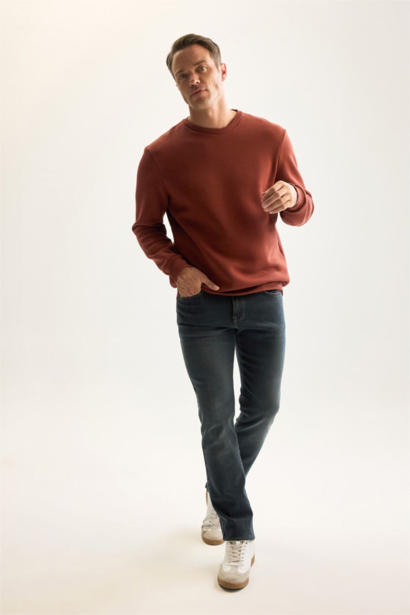 Erkek Kahve 3 İplik Pamuklu Şardonlu İçi Polarlı Regular Fit Bisiklet Yaka Kalın Sweatshirt