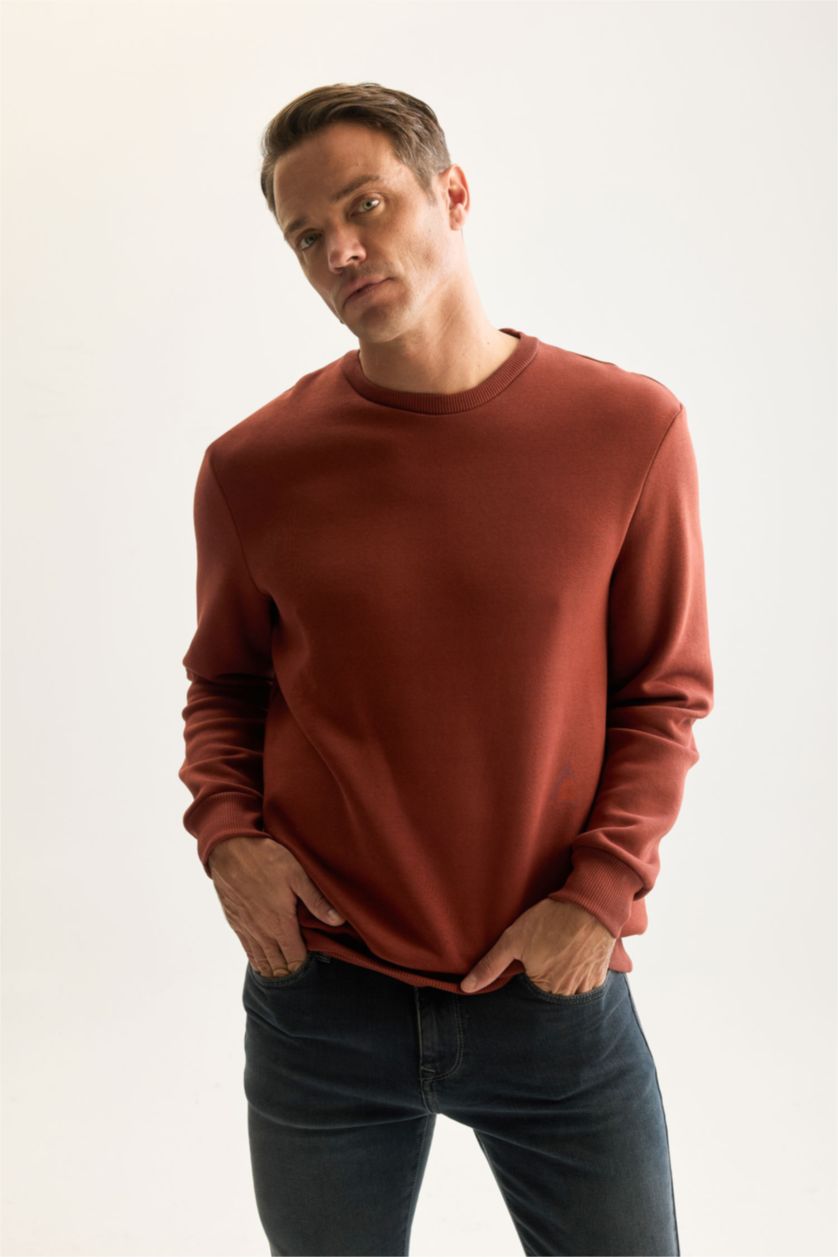 Erkek Kahve 3 İplik Pamuklu Şardonlu İçi Polarlı Regular Fit Bisiklet Yaka Kalın Sweatshirt