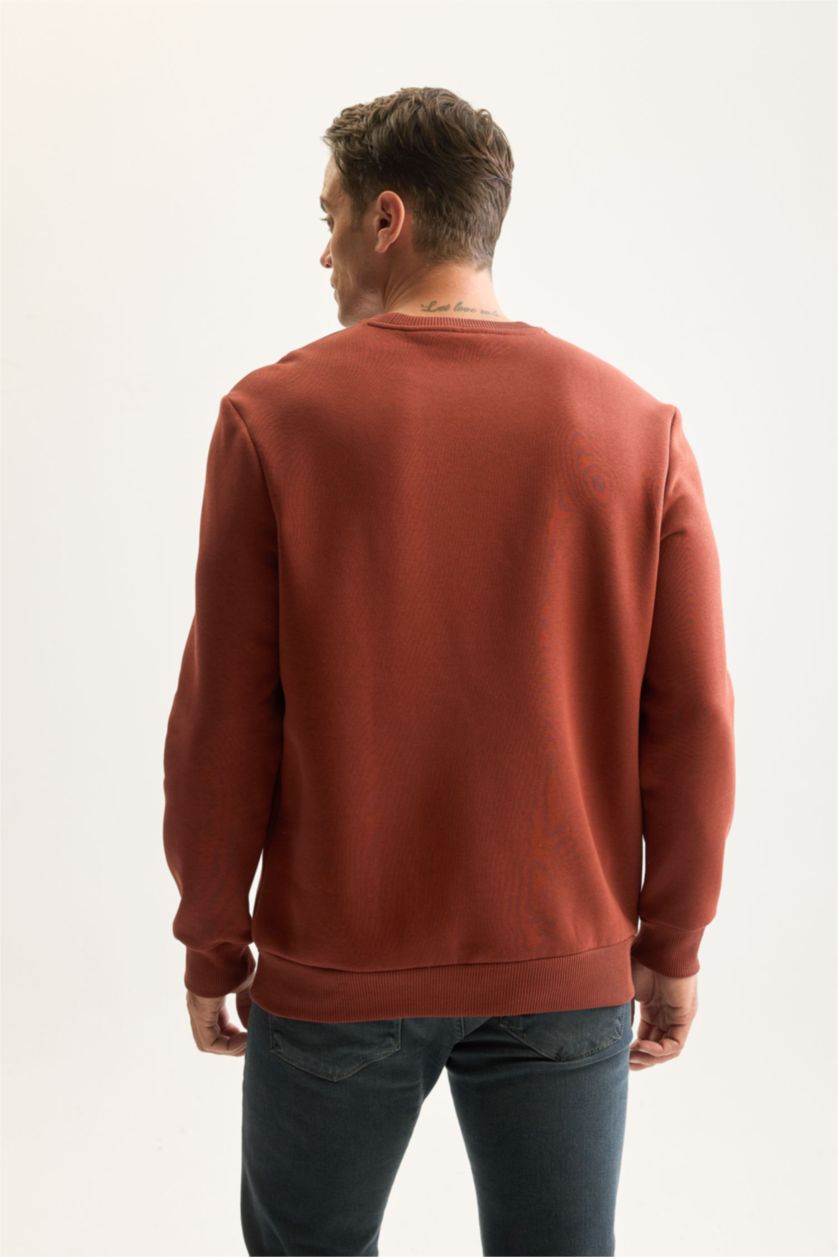 Erkek Kahve 3 İplik Pamuklu Şardonlu İçi Polarlı Regular Fit Bisiklet Yaka Kalın Sweatshirt