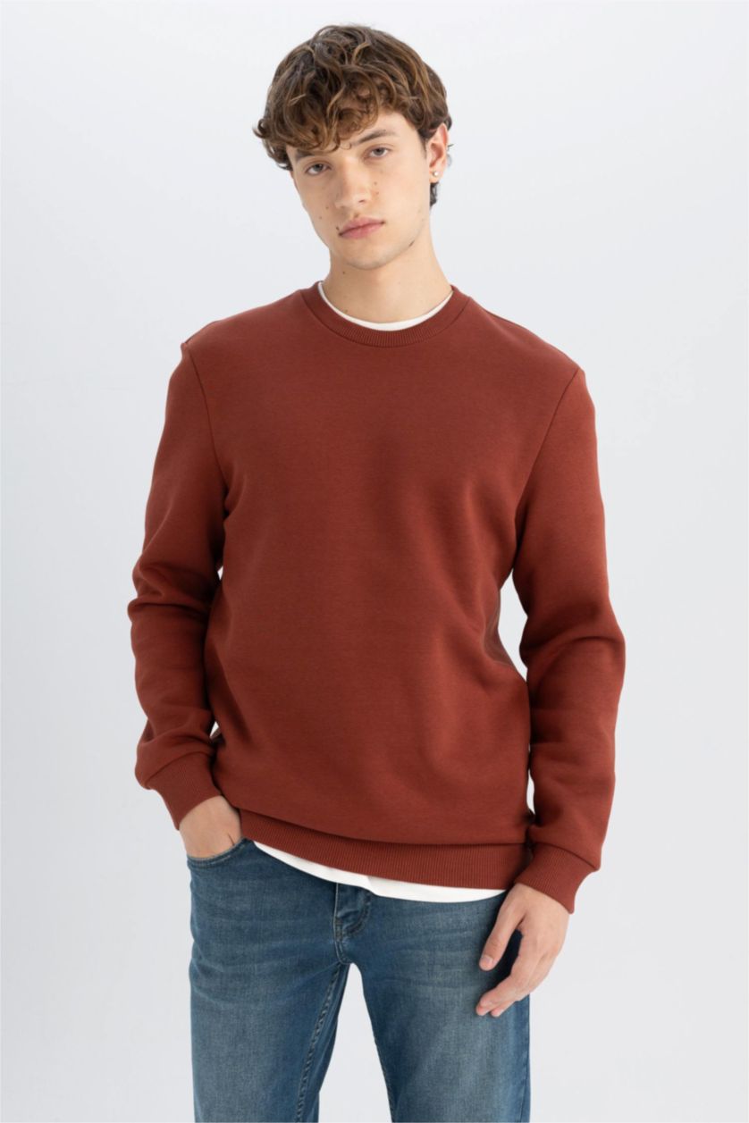 Erkek Kahve 3 İplik Pamuklu Şardonlu İçi Polarlı Regular Fit Bisiklet Yaka Kalın Sweatshirt