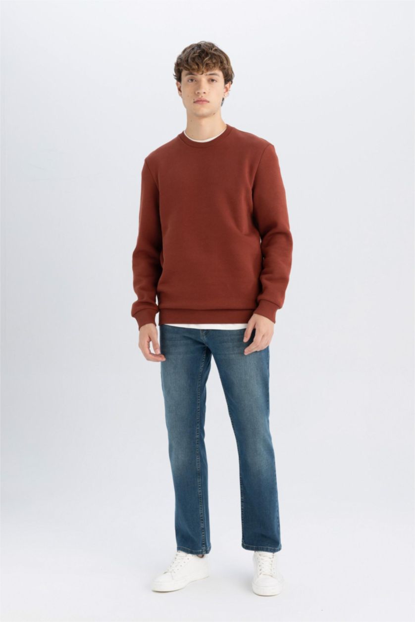 Erkek Kahve 3 İplik Pamuklu Şardonlu İçi Polarlı Regular Fit Bisiklet Yaka Kalın Sweatshirt