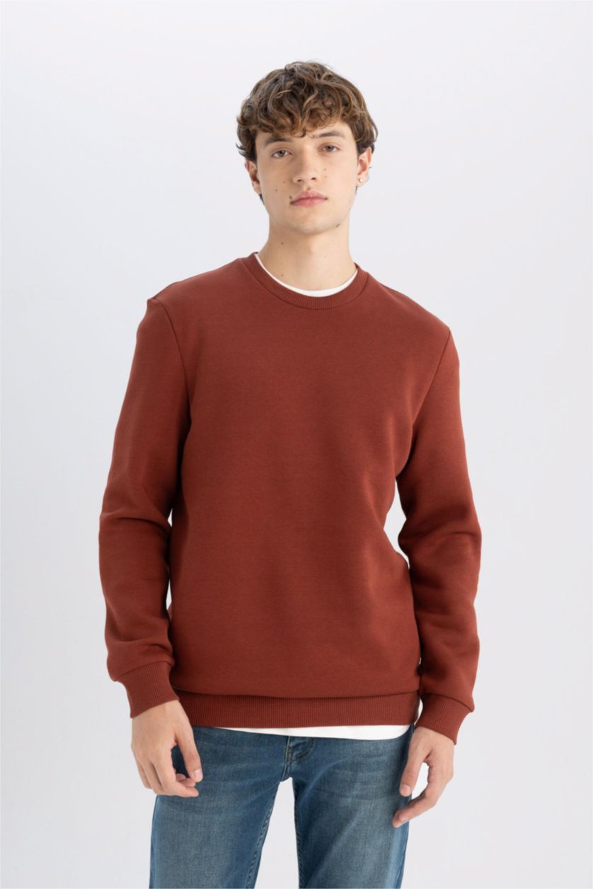 Erkek Kahve 3 İplik Pamuklu Şardonlu İçi Polarlı Regular Fit Bisiklet Yaka Kalın Sweatshirt