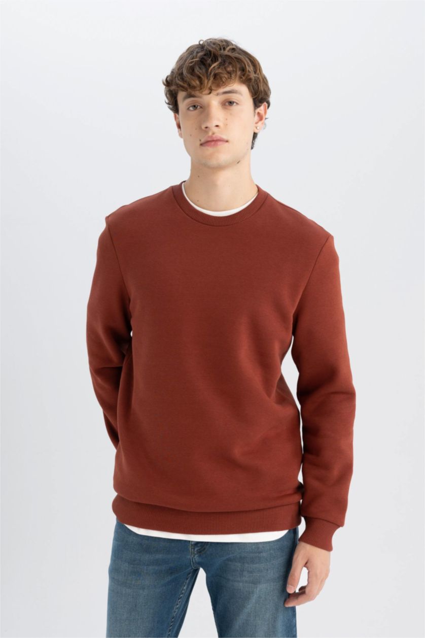 Erkek Kahve 3 İplik Pamuklu Şardonlu İçi Polarlı Regular Fit Bisiklet Yaka Kalın Sweatshirt