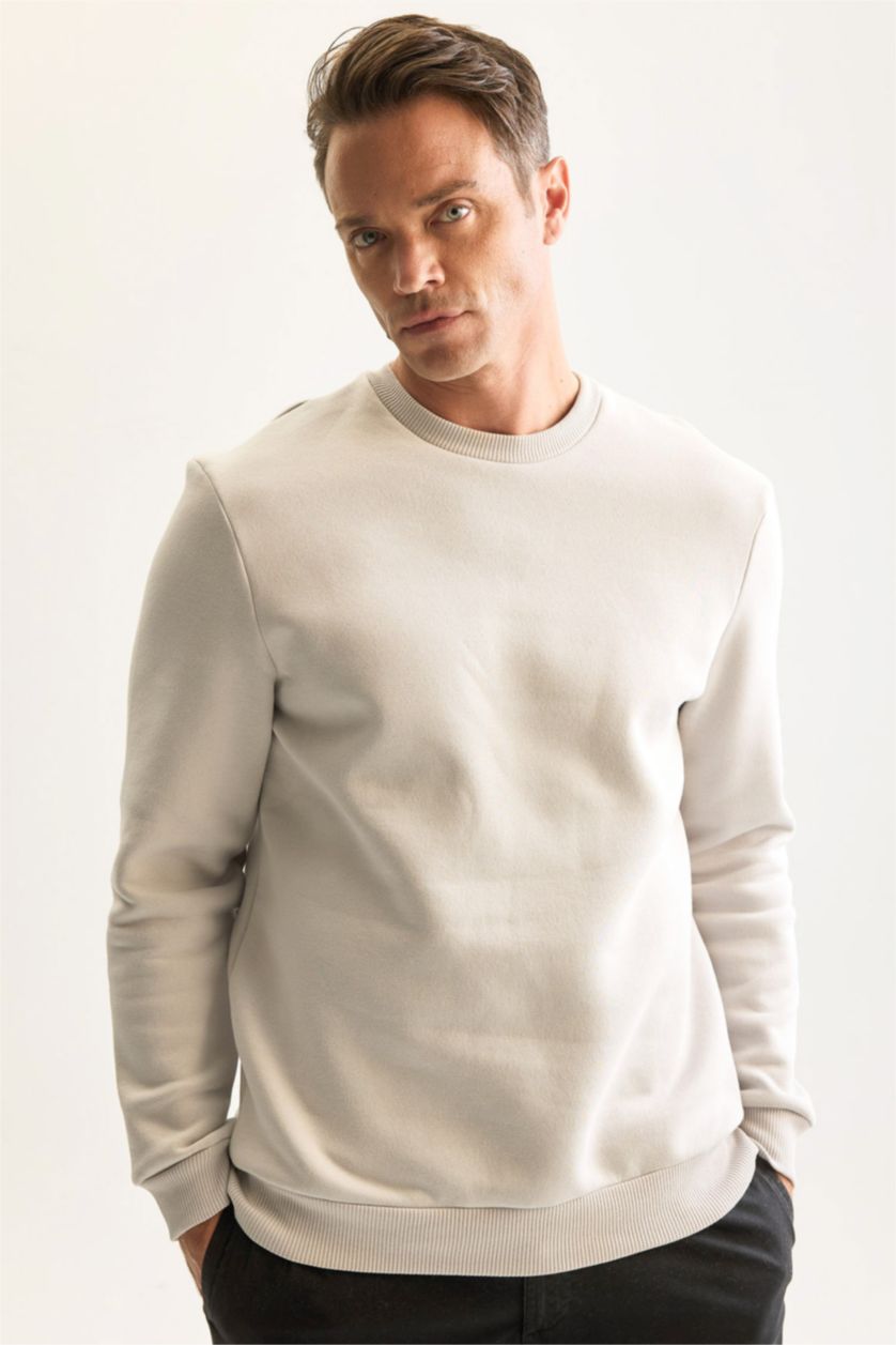 Erkek Açık Gri 3 İplik Pamuklu Şardonlu İçi Polarlı Regular Fit Bisiklet Yaka Kalın Sweatshirt