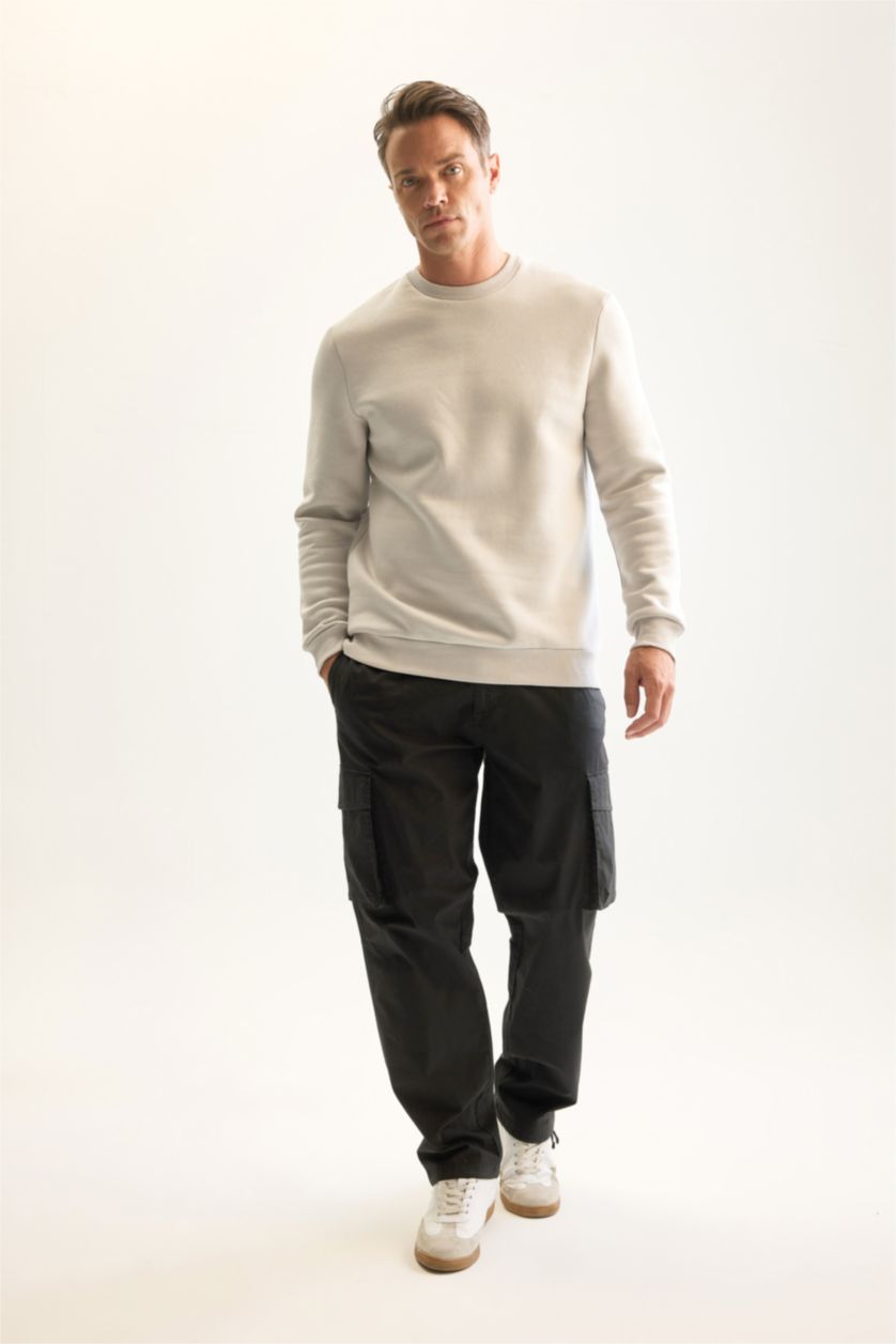 Erkek Açık Gri 3 İplik Pamuklu Şardonlu İçi Polarlı Regular Fit Bisiklet Yaka Kalın Sweatshirt